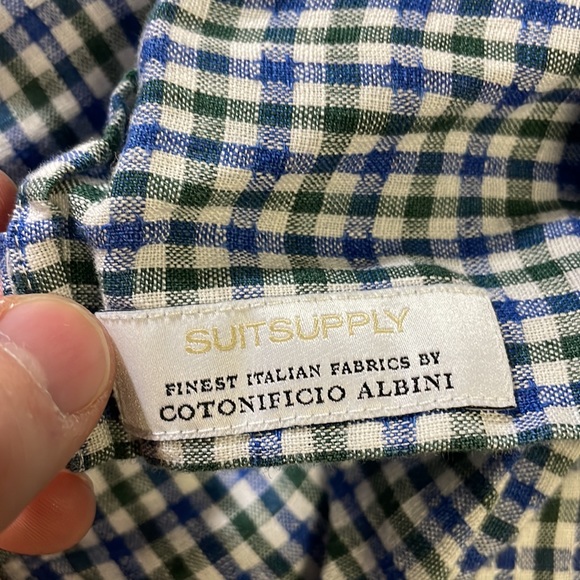 Suitsupply mens 15.5 39-7 L Long blue green checkered 100% linen dress shirt EUC - Picture 6 of 8